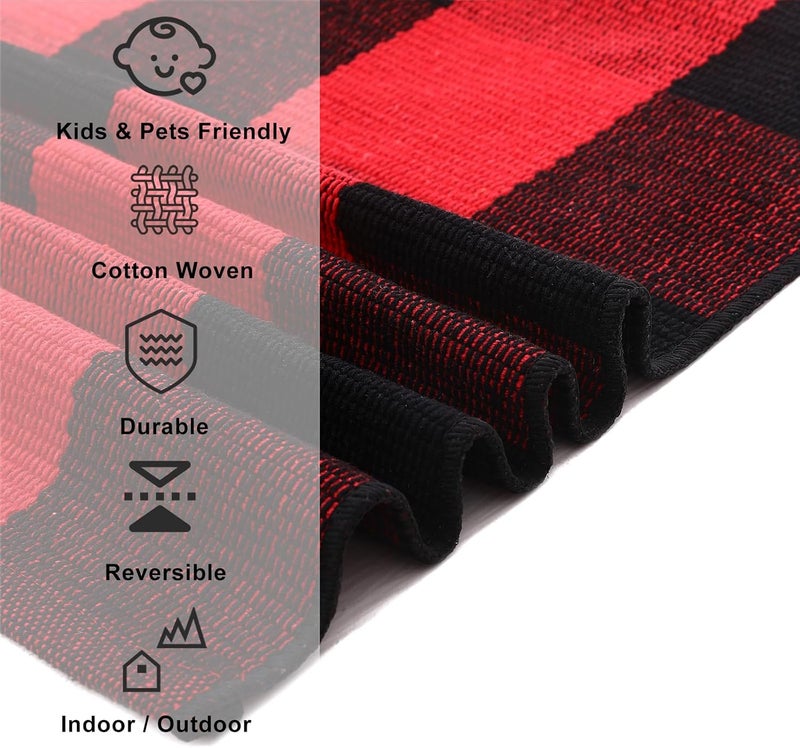 Fallovea Christmas Rugs Red and Black Plaid, 2'x3' Area Rug Outdoor Indoor Front Porch Doormat Cotton Hand-Woven Layered Door Mats for Entryway Patio Entryway Laundry Bedroom Living Room - Image 5